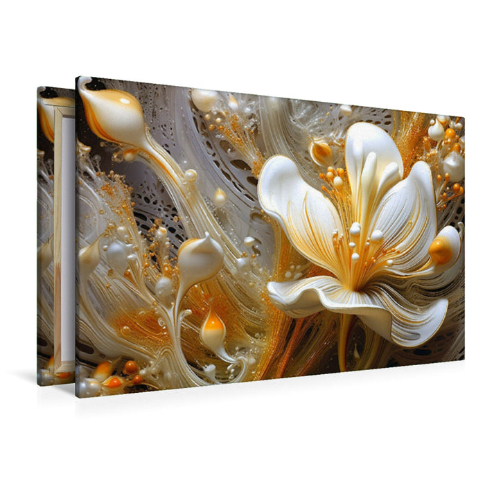 Premium textile canvas. Delicate braid - elegant flowers in orange and gold 