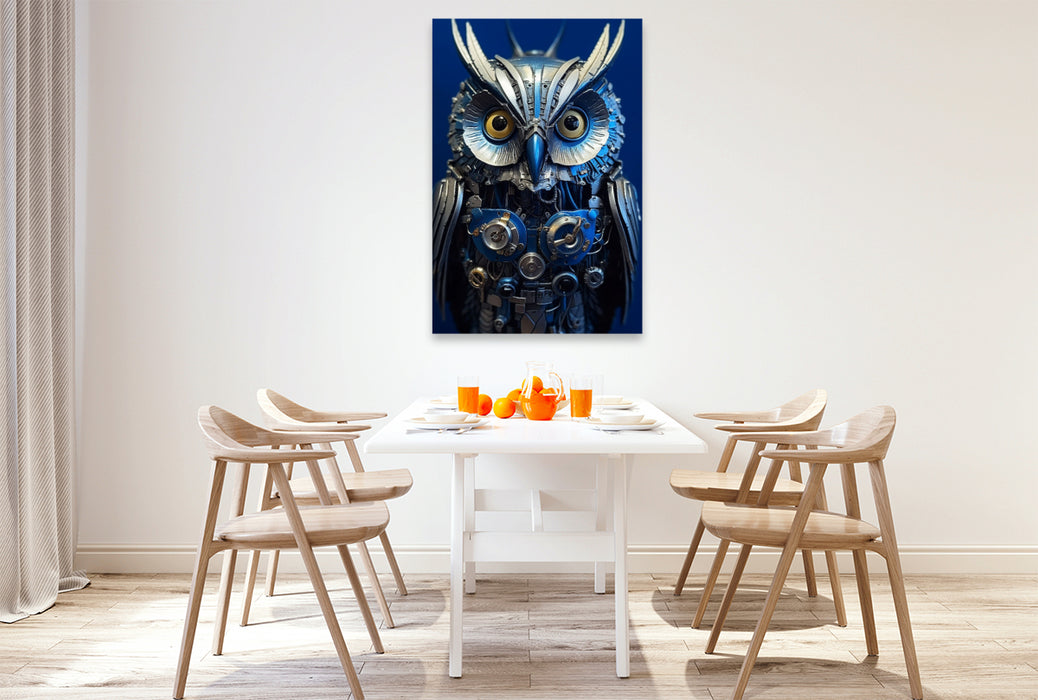 Premium textile canvas owl - cyborg animal in connection with steampunk 