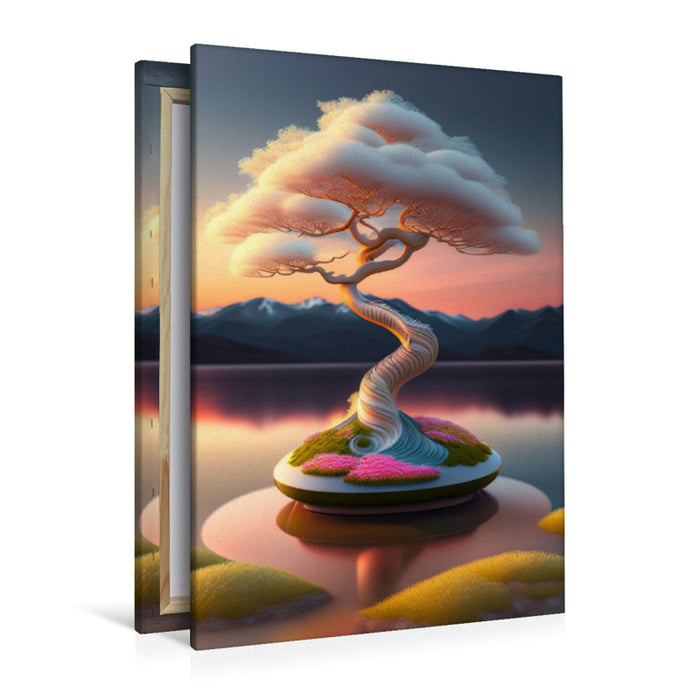 Premium textile canvas A white bonsai tree on a small island in the lake, created with AI 