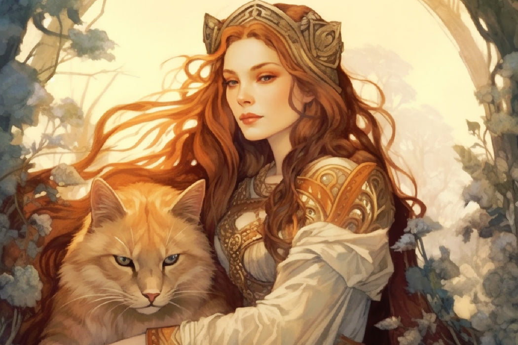 Premium Textil-Leinwand Keltische Prinzessin mit Katze