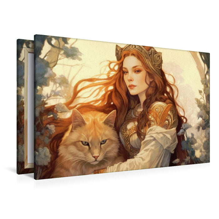 Premium Textil-Leinwand Keltische Prinzessin mit Katze