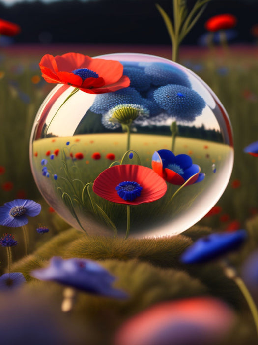 Ein Kornfeld mit Mohn- und Kornblumen spiegelt sich in einer Kugel. Erstellt mit KI - CALVENDO Foto-Puzzle'