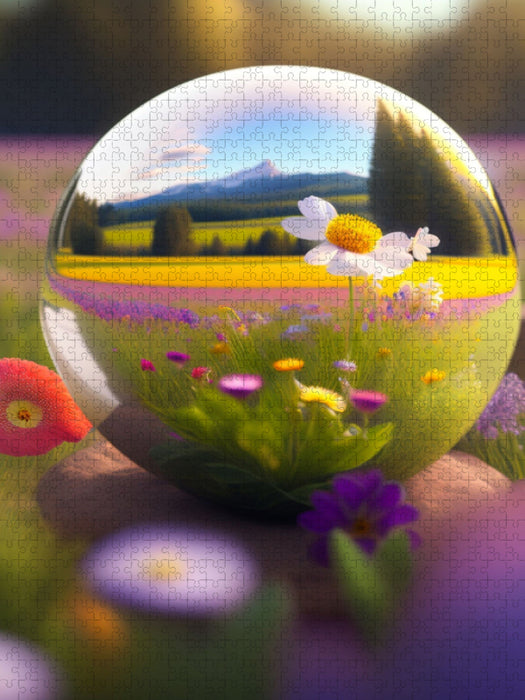 Eine bunte Frühlingswiese spiegelt sich in einer Kugel. - CALVENDO Foto-Puzzle'