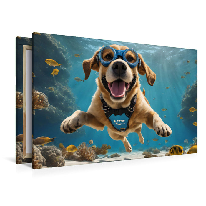 Premium Textil-Leinwand Tauchender Hund mit Schwimmbrille