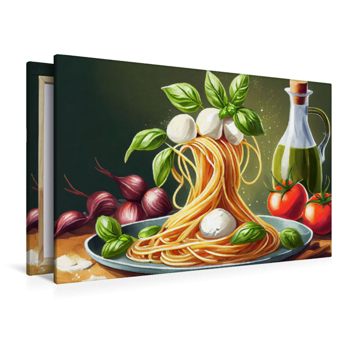 Premium Textil-Leinwand Spaghetti Turm mit Mozzarella Tomaten und Basilikum
