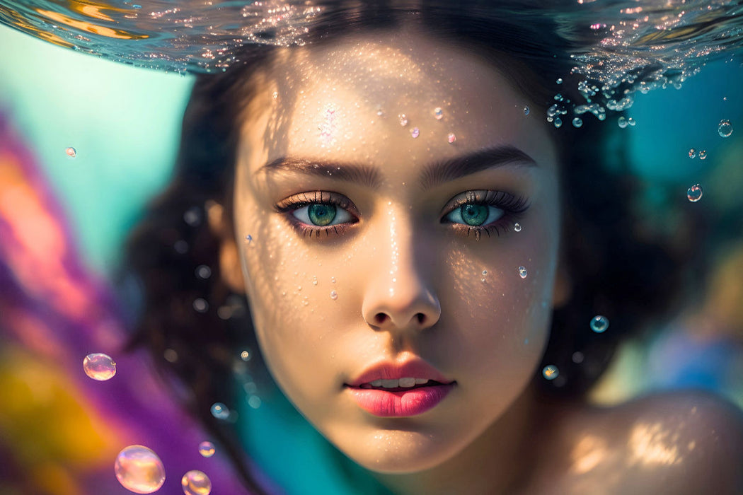 Premium Textil-Leinwand Porträt einer schönen Frau, umrahmt von schillernden Lichtreflexen des Wassers