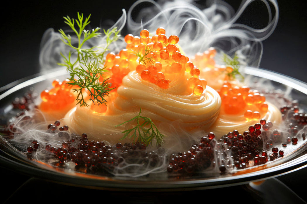 Premium Textil-Leinwand Molekulare Küche, Orangen - Kaviar auf Orangenquarkcremen garniert mit Schwarze Johannisbeere - Kaviar