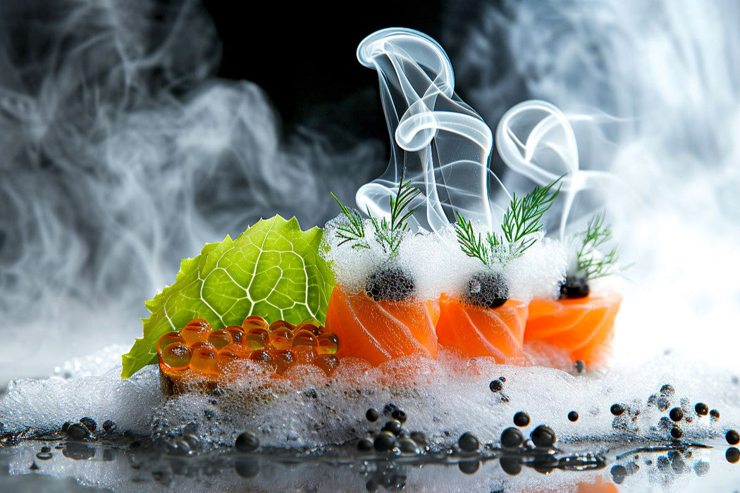 Premium Textil-Leinwand Molekulare Küche, Lachsfilet auf Meerrettichschaum mit Balsamico - Kaviar
