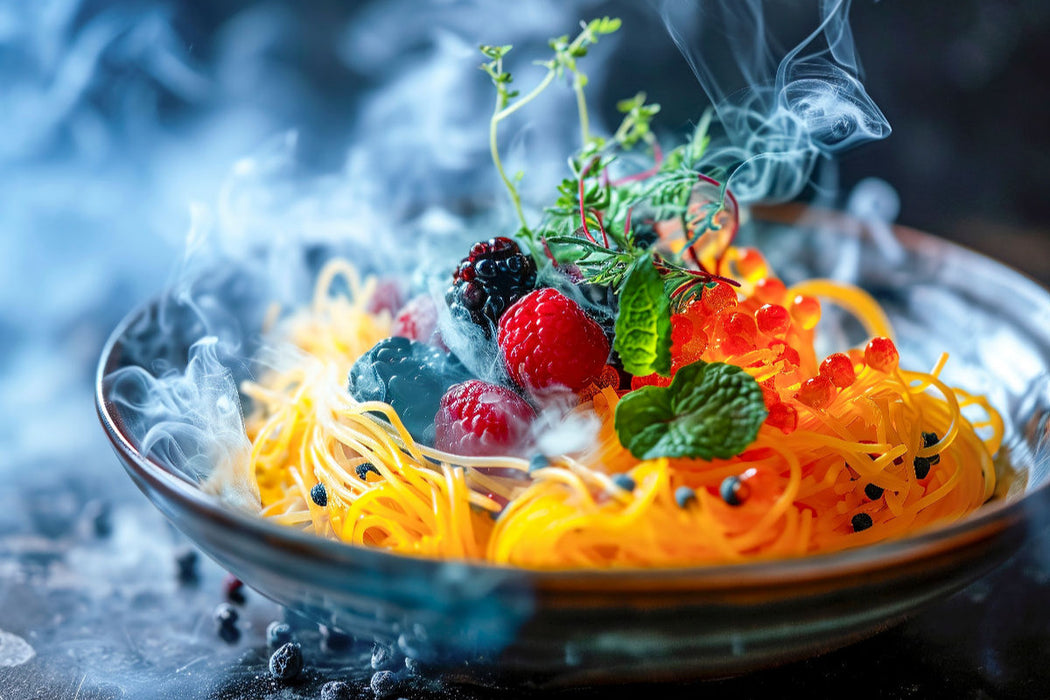 Premium Textil-Leinwand Molekulare Küche, Fruchtspaghetti mit Orangen-Kaviar und Früchten