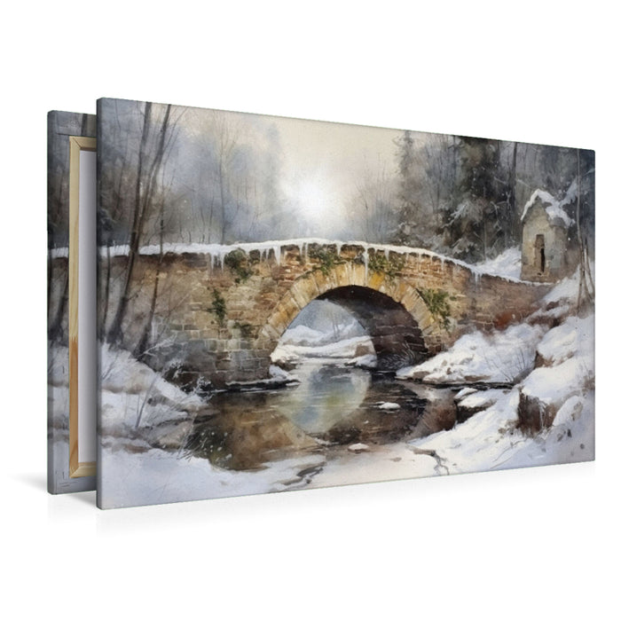 Premium Textil-Leinwand Steinbrücke im Winter
