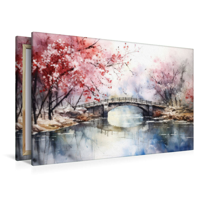 Premium Textil-Leinwand Brücke unter blühenden Bäumen