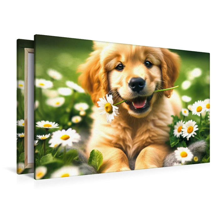 Premium Textil-Leinwand Ein Golden Retriever-Welpe umringt von Gänseblümchen