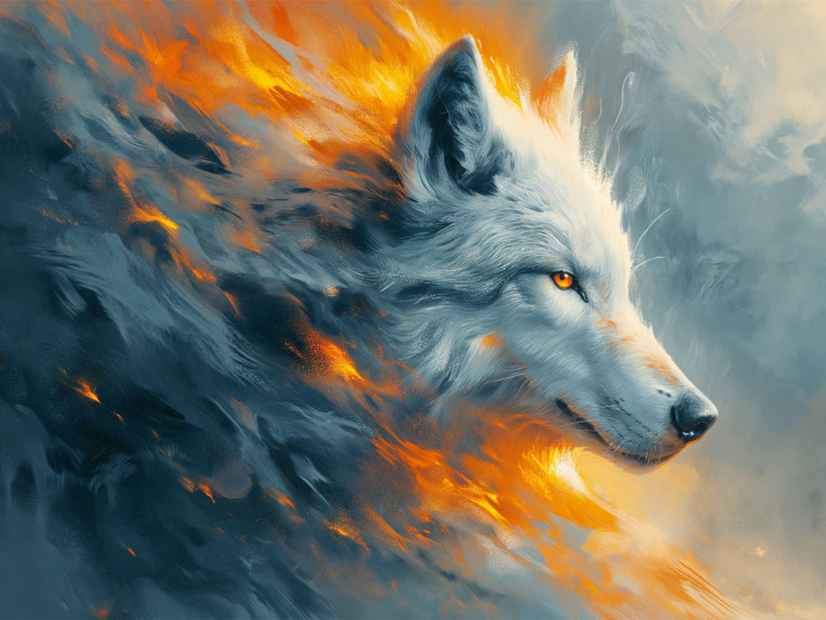 Flammenweiß: Die Eleganz des weißen Wolfs im Feuerspiel - CALVENDO Foto-Puzzle'