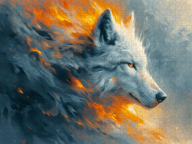 Flame White : L'élégance du loup blanc dans le jeu du feu - Puzzle photo CALVENDO' 