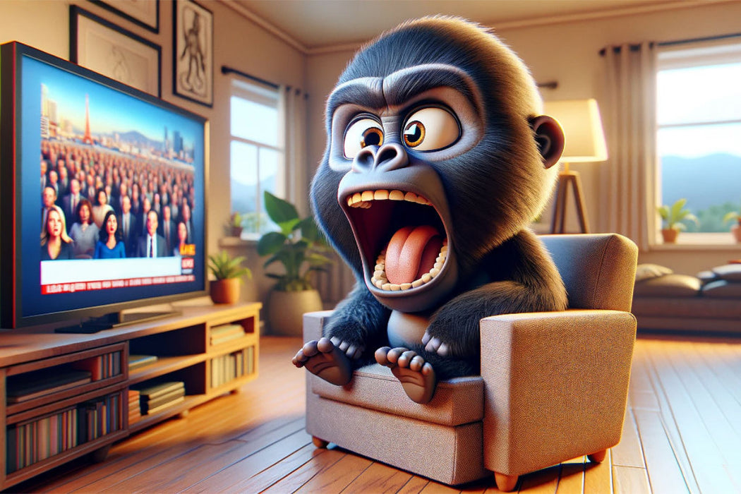 Toile textile premium jungle news : Un gorille perd son sang-froid devant la télévision 