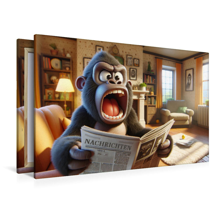 Toile textile de qualité supérieure Frustration du journal au lieu de la lecture matinale : un gorille et son début de journée bruyant 