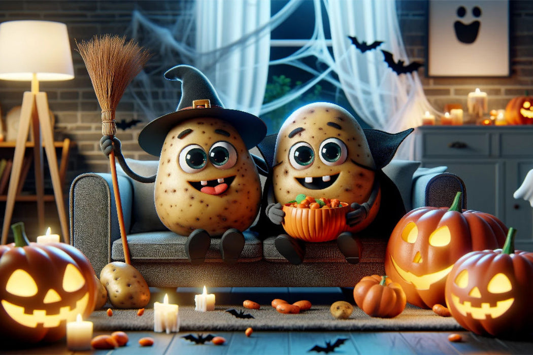 Premium Textil-Leinwand Gruselspaß auf der Couch: Kartoffeln feiern Halloween