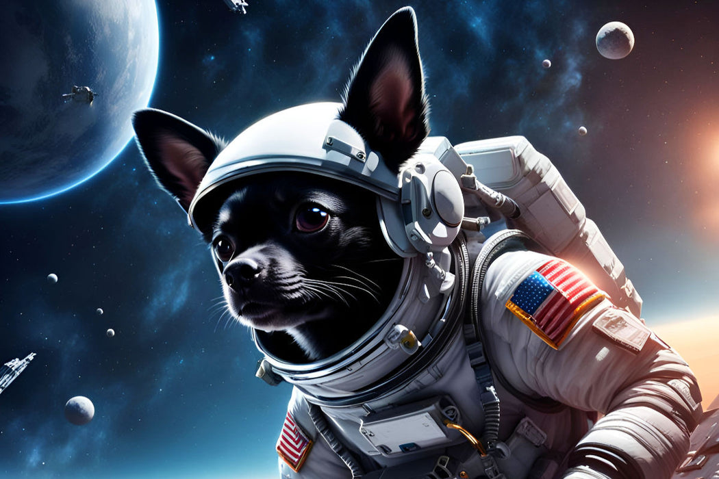 Premium Textil-Leinwand Chihuahua Raumfahrer schwebend im Weltraum