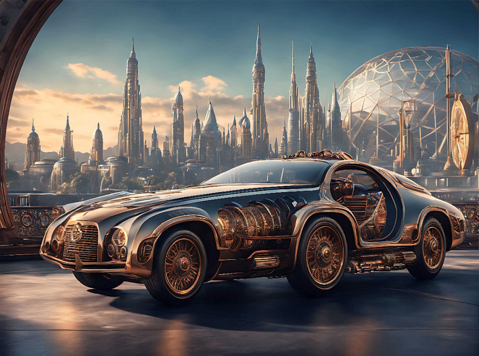Steam-Car vor retrofuturistischer Stadtansicht - CALVENDO Foto-Puzzle'