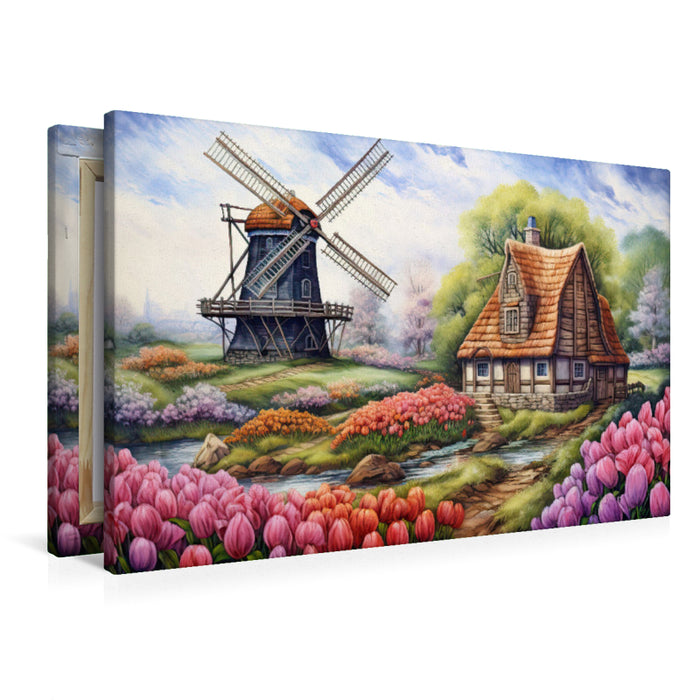 Premium Textil-Leinwand Windmühle und Tulpenpracht