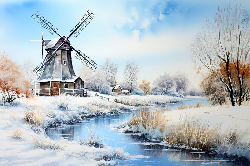 Premium Textil-Leinwand Winterliche Landschaft mit Windmühle