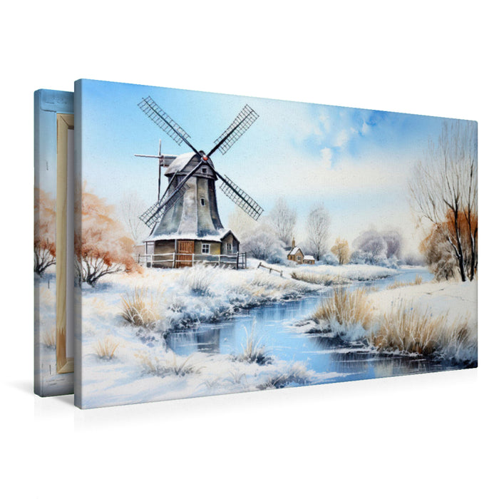 Premium Textil-Leinwand Winterliche Landschaft mit Windmühle