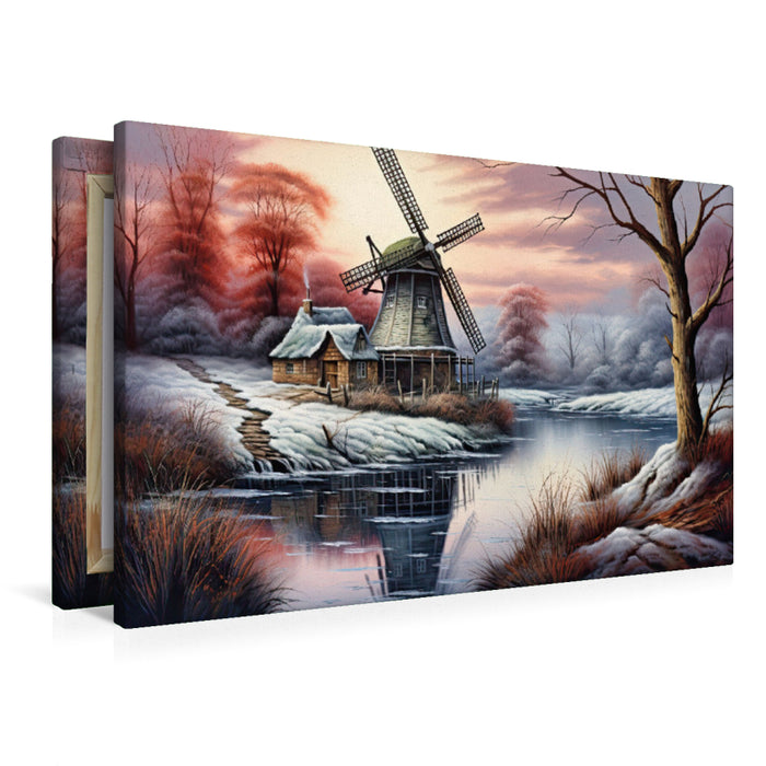 Premium Textil-Leinwand Windmühle im ersten Frost