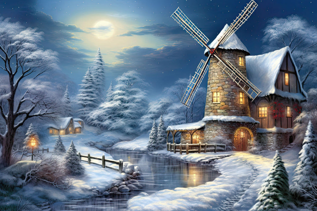 Premium Textil-Leinwand Winterlandschaft mit Windmühle