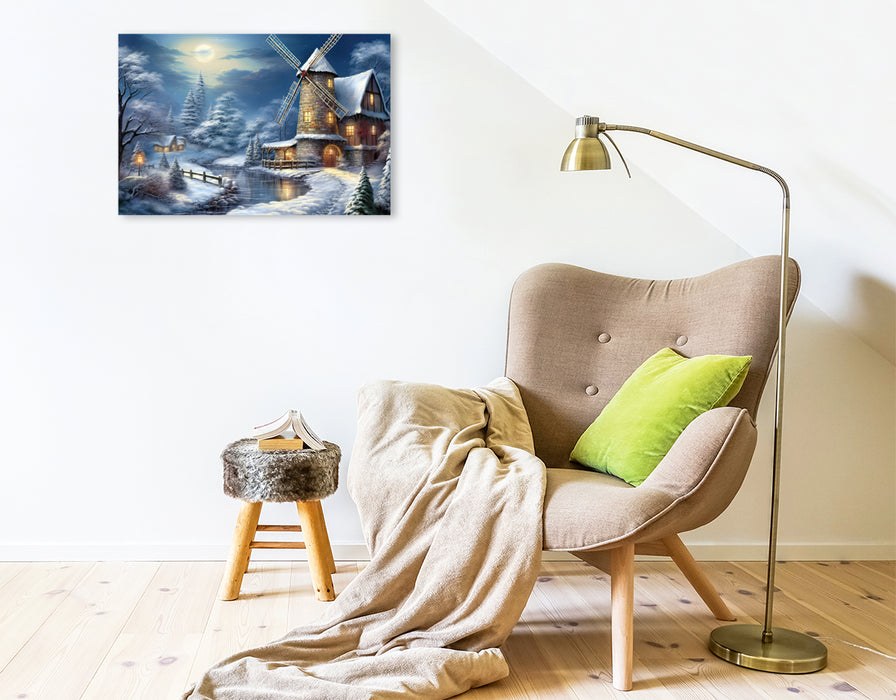 Premium Textil-Leinwand Winterlandschaft mit Windmühle