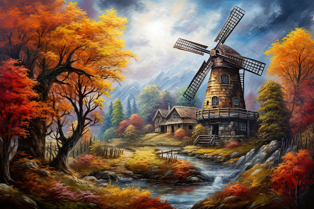 Premium Textil-Leinwand Windmühle im Herbst