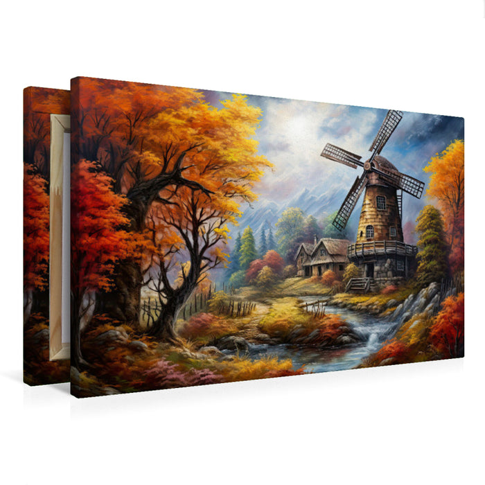 Premium Textil-Leinwand Windmühle im Herbst