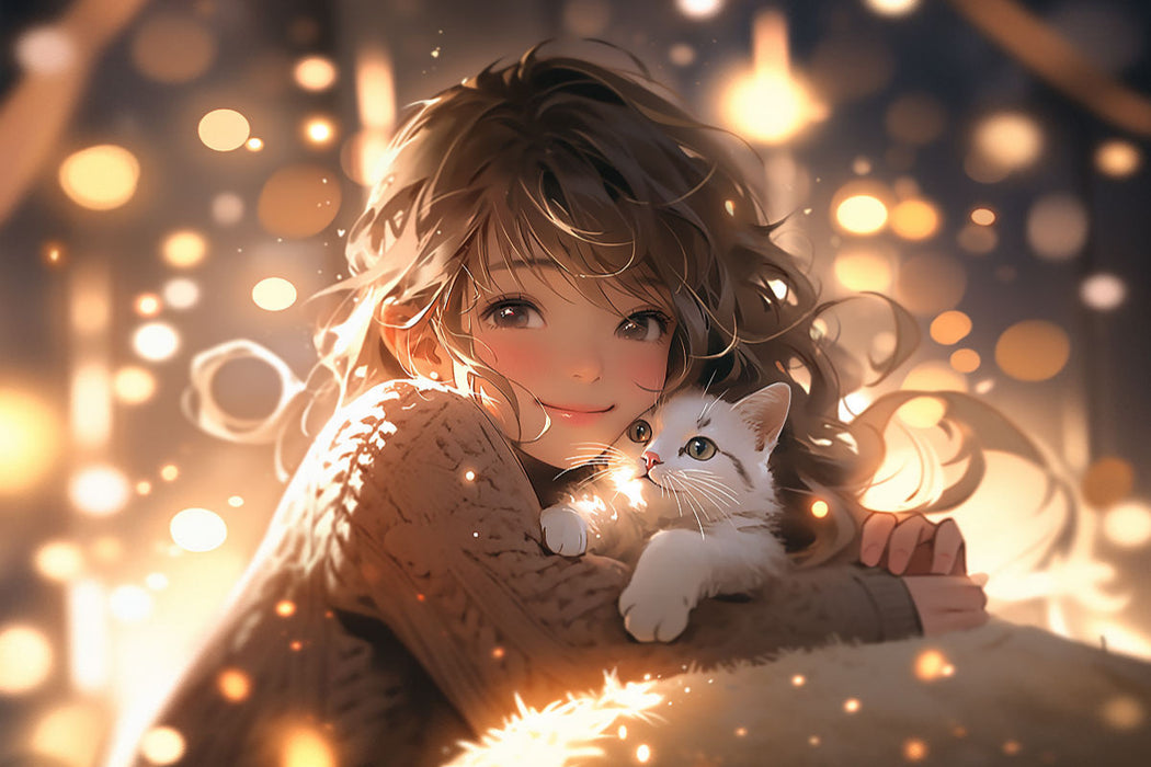 Premium Textil-Leinwand Manga Illustration - Mädchen kuschelt mit Katze