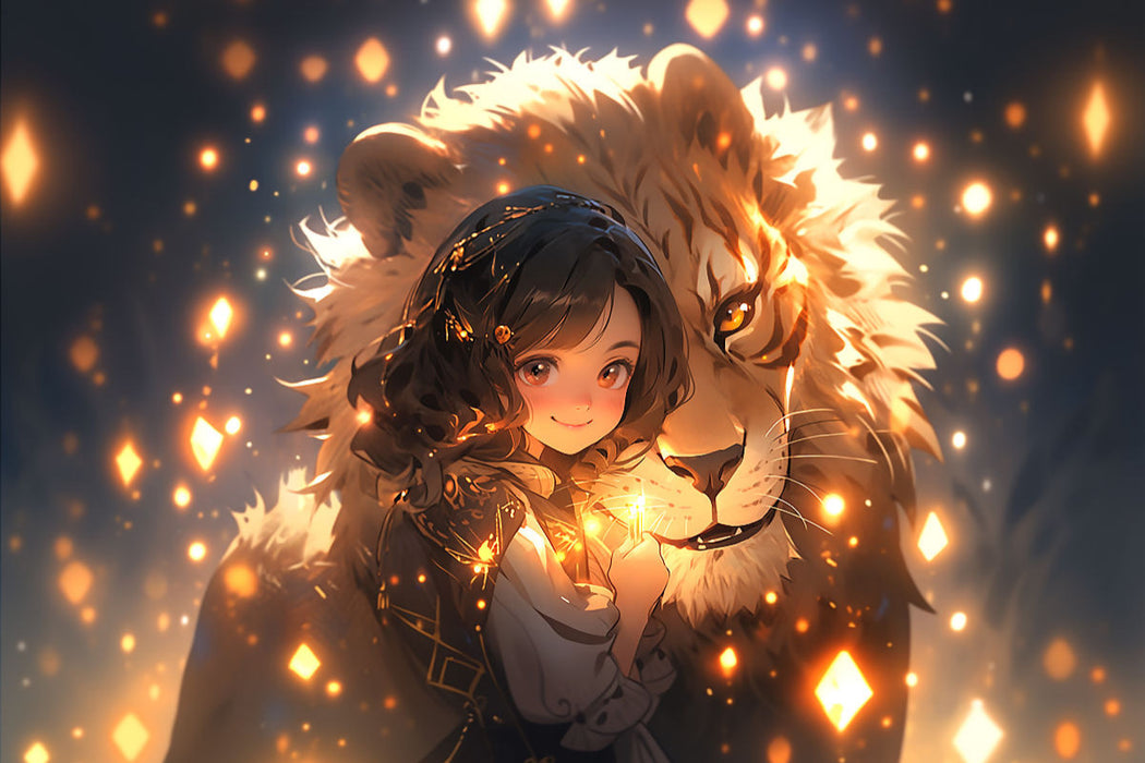 Premium Textil-Leinwand Manga Illustration - Mädchen mit Löwen