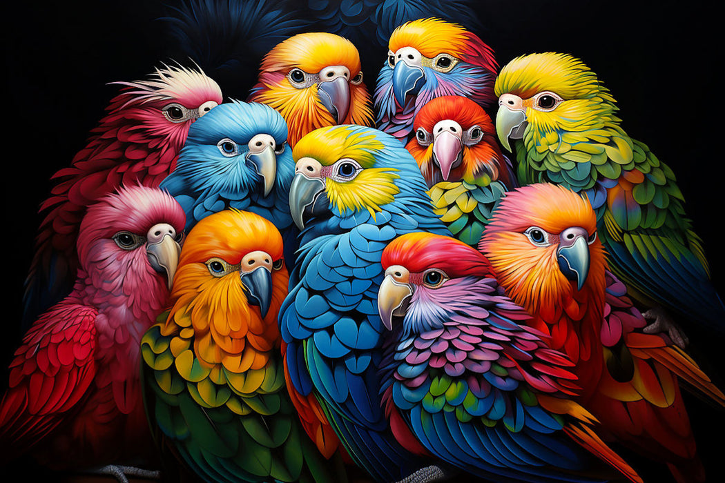 Premium Textil-Leinwand Papageien - Illustration vieler Tiere auf einem Bild
