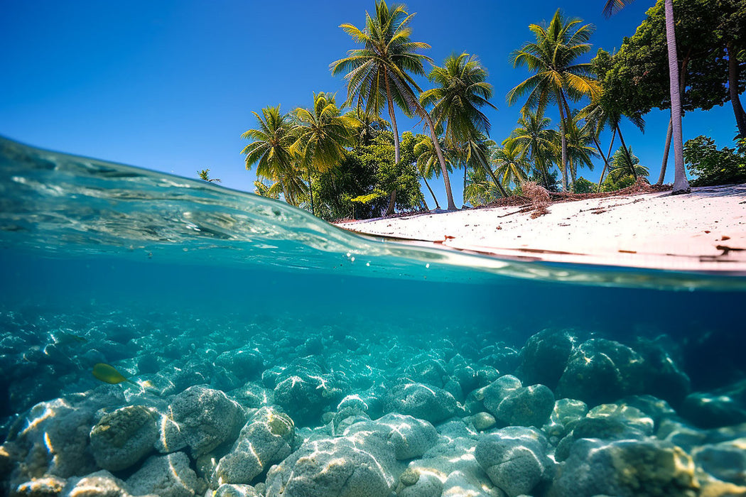Premium Textil-Leinwand Einsame Insel - Unterwasser mit Palmen