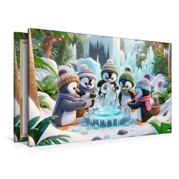 Art de la glace sur toile textile haut de gamme dans la jungle : des pingouins sculpteurs de glace 