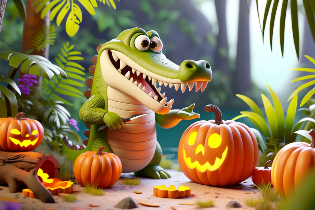 Toile textile premium Halloween dans la jungle : sculpture de citrouille en crocodile 