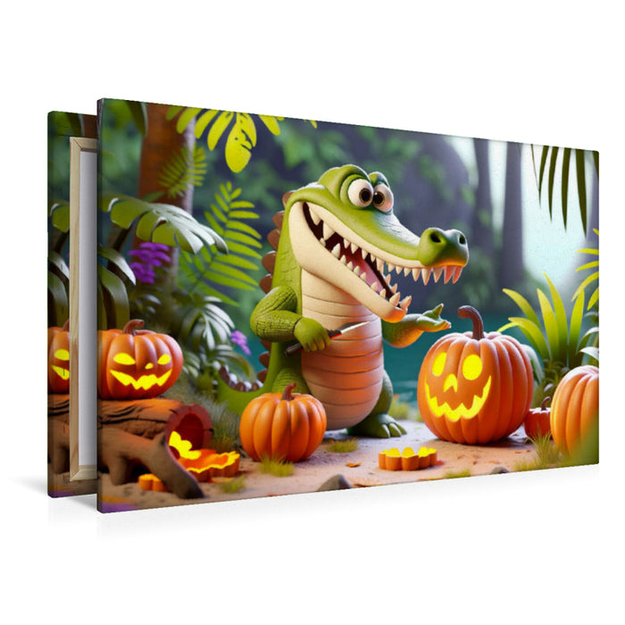 Toile textile premium Halloween dans la jungle : sculpture de citrouille en crocodile 