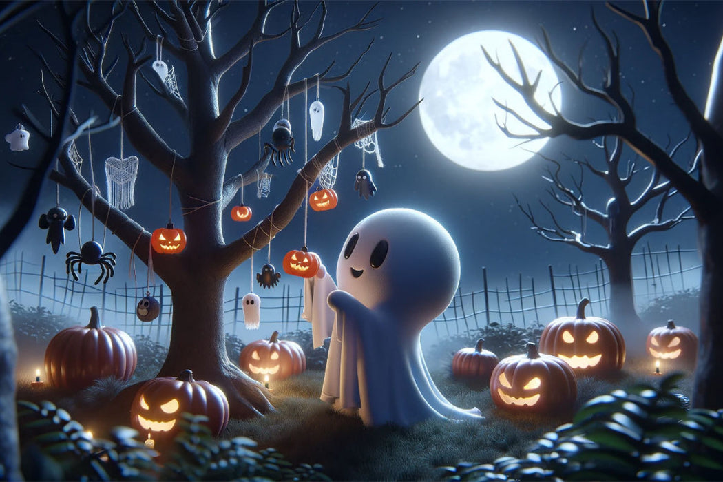 Toile textile premium Le petit fantôme décore le sapin d'Halloween 