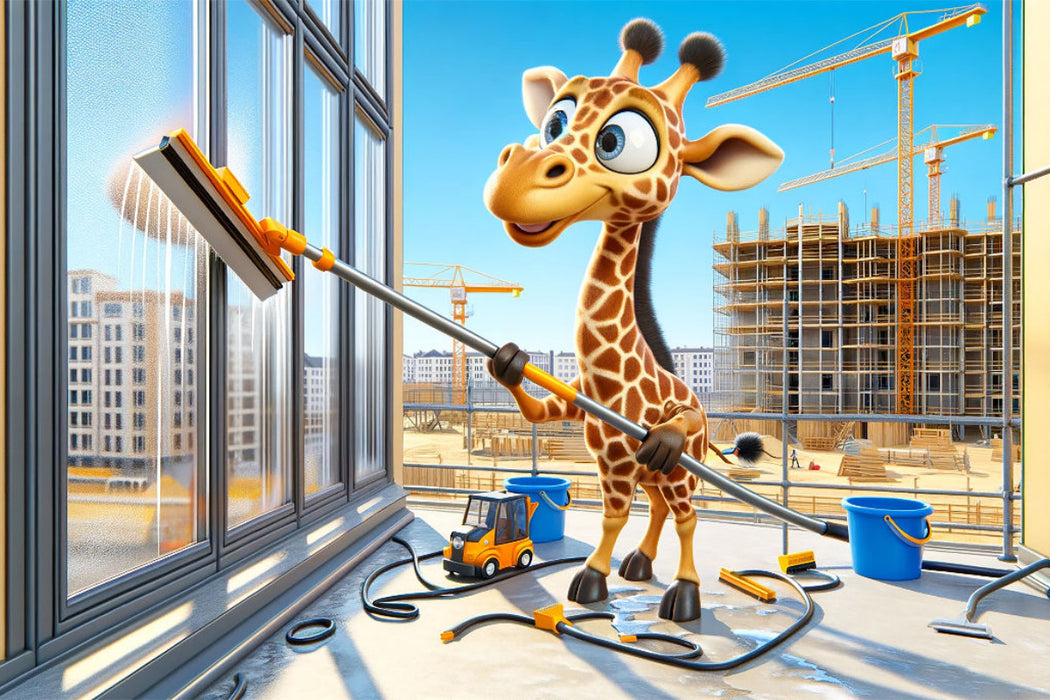 Premium Textil-Leinwand Die geschickte Giraffe als Fensterputzer: Hoch hinaus für klare Sicht