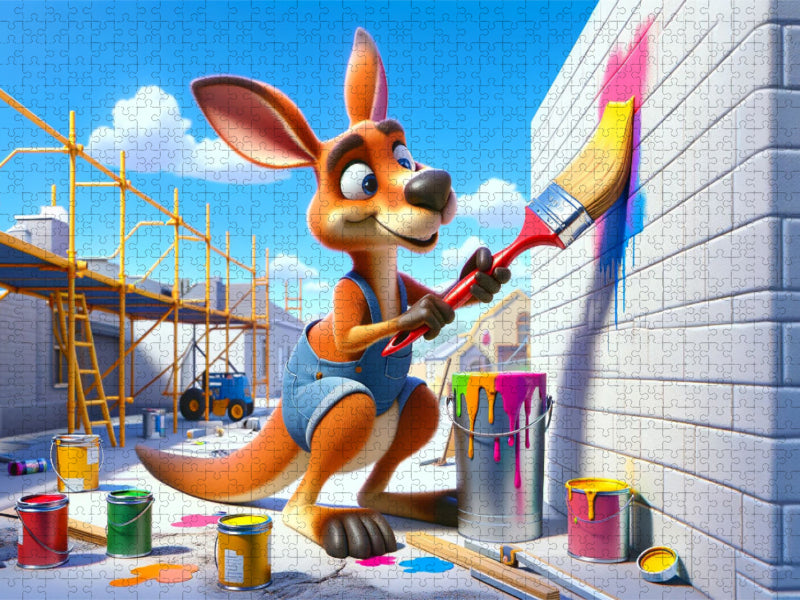 Le kangourou créatif en tant que peintre : des œuvres d'art colorées sur le chantier - Puzzle photo CALVENDO' 