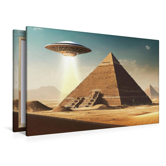 Premium Textil-Leinwand Ein UFO besucht die ägyptischen Pyramiden