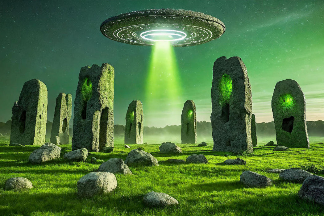 Premium Textil-Leinwand Eine UFO errichtet Steinkreise