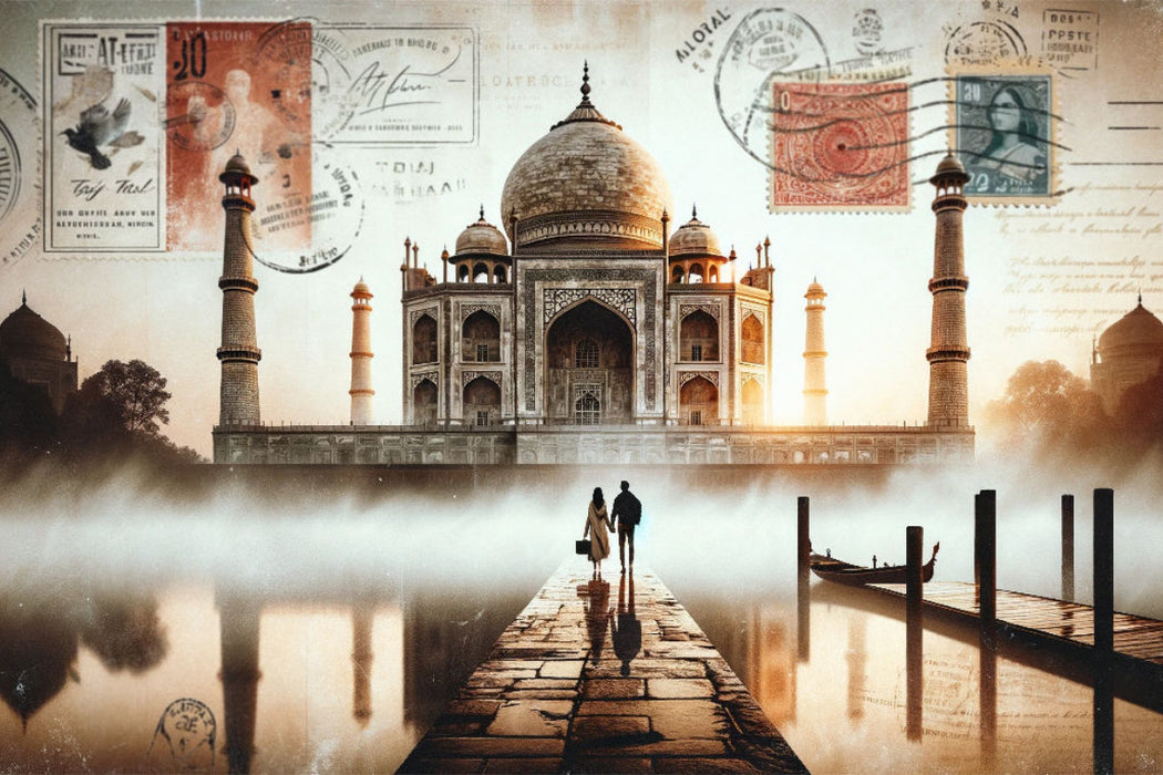 Premium Textil-Leinwand Morgendämmerung am Taj Mahal: Eine KI-kreiertes Porträt der Liebe