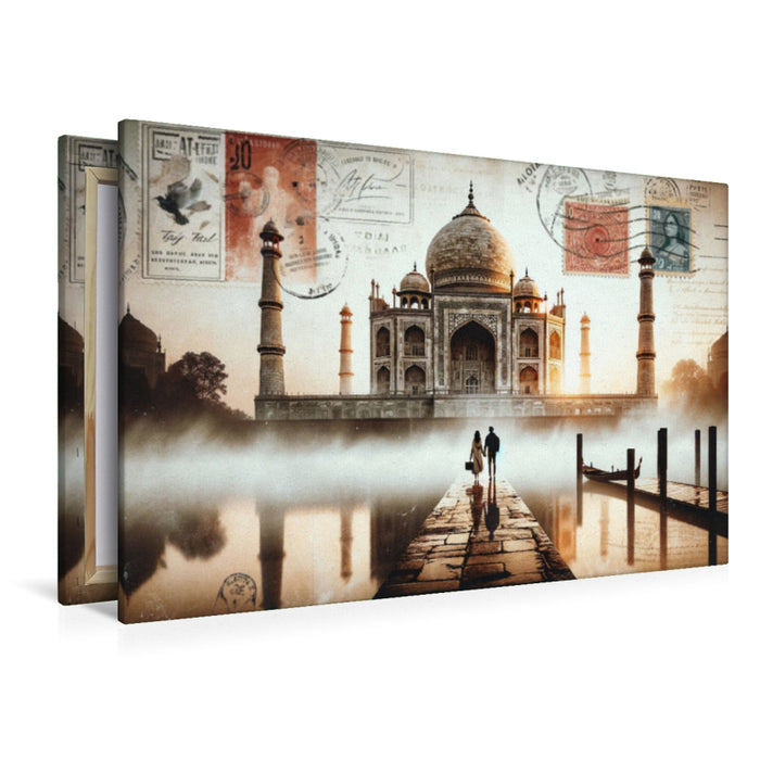 Premium Textil-Leinwand Morgendämmerung am Taj Mahal: Eine KI-kreiertes Porträt der Liebe
