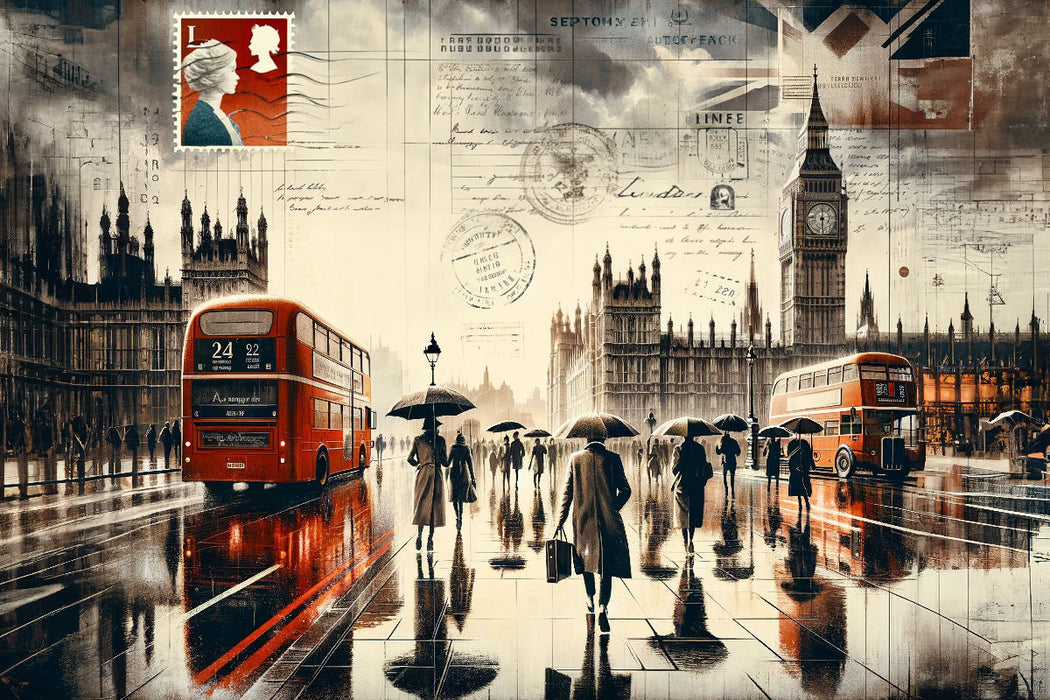 Premium Textil-Leinwand Zeitlose Reflexionen: London im Regen durch das Auge der KI