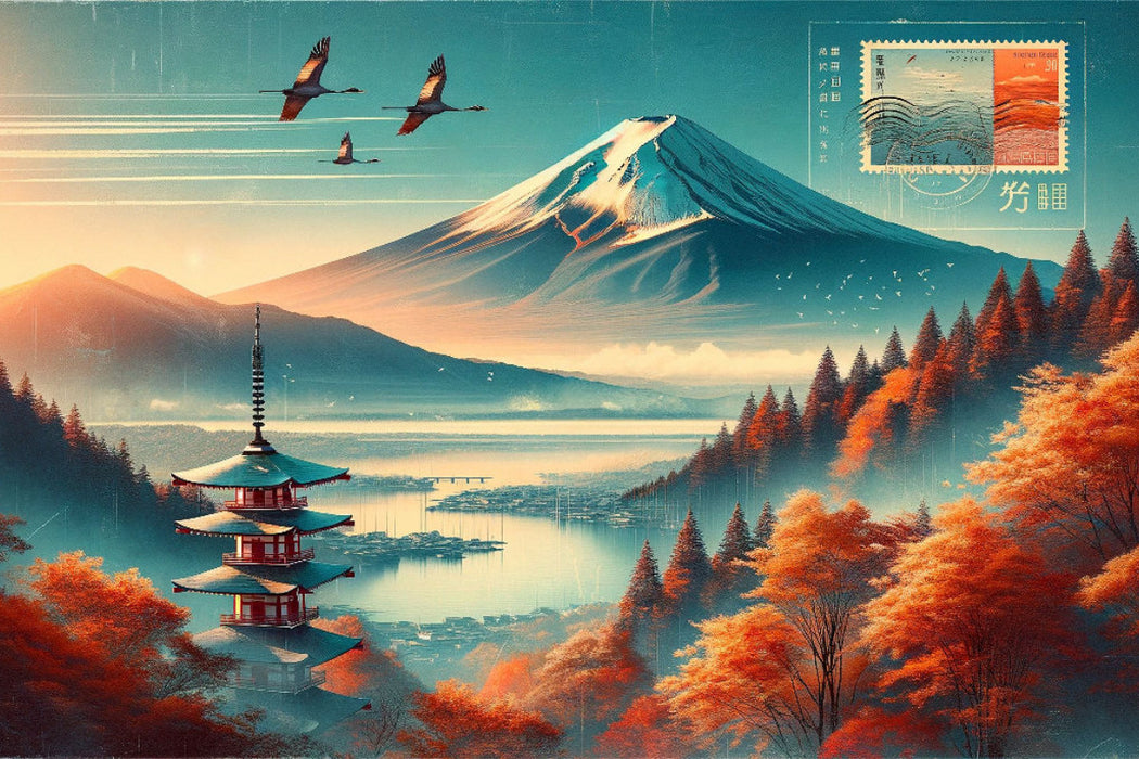 Premium Textil-Leinwand Herbstliche Harmonie am Fuji: Ein AI-generiertes Meisterwerk