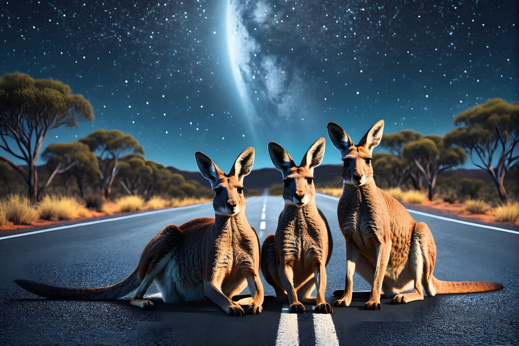 Premium Textil-Leinwand Kängurus unter traumhaftem Sternenhimmel der australischen Nacht
