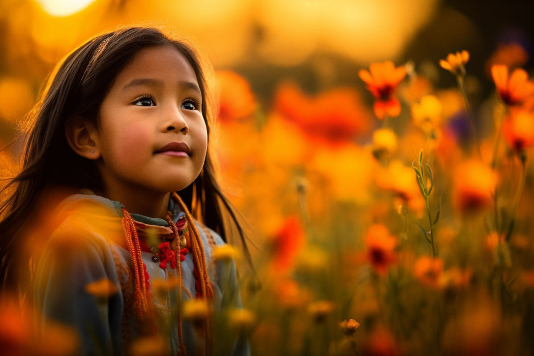 Premium Textil-Leinwand Lebensfreude in Blüte: Indianisches Kind im Blumenmeer