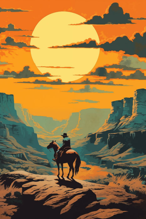 Premium Textil-Leinwand Canyon der Freiheit: Ein Cowboy im Abendrot